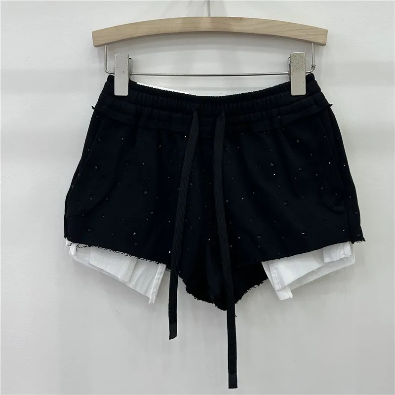 Casual Rhinestones Drawstring Shorts for Women 2024 Summer New Loose Women's High Waist All-Matching Irregular Short Sweatpants