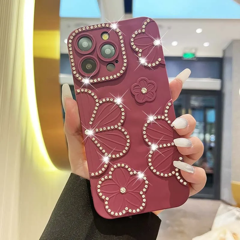 thumbnail image 1 of Funda transparente con diseño de flores y diamantes con baño de purpurina para iPhone 16, 15 Pro Max, 14, 13, 12 y 11, funda de silicona suave a prueba de golpes con brillantes diamantes de imitación, 1 of 5