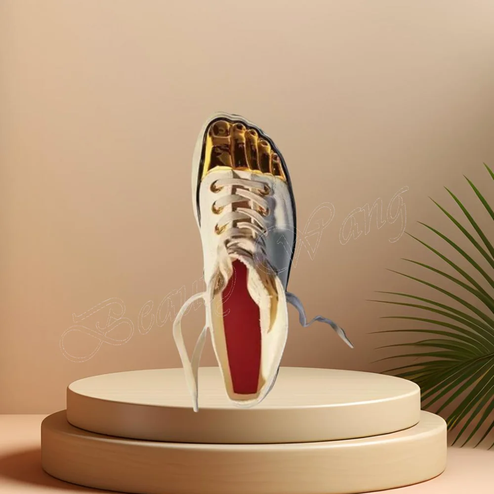 

Gold Toe Strange Style Sneakers Cross Tied White Fashion Shoes Round Toe Heel Shoes for Women High Heel 2024 Zapatillas Mujer