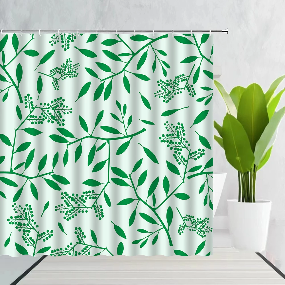 

Spring Watercolor Plant Leaves Shower Curtains Green Botanical Leaf Print Pattern Bathroom Decor With Hooks Fabric Bath Screen