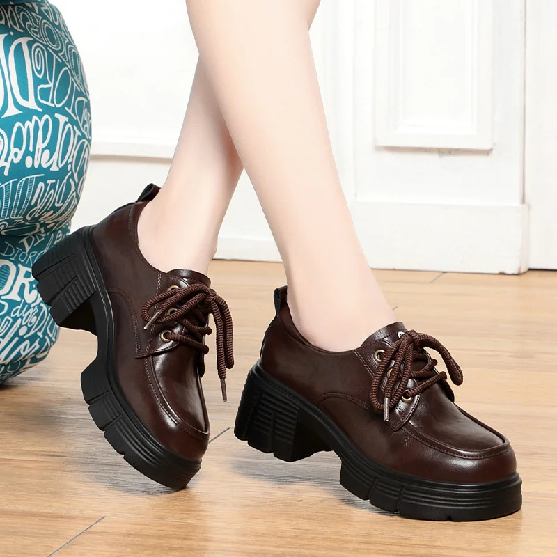 Thick-Soled Loafers For Women In Spring And Autumn New Lace-Up Thick Heel Deep Mouth Women's Singles College Style Leather Shoes - Image 5