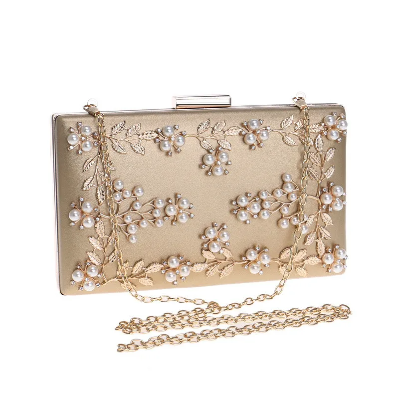 

Женская модная сумка-клатч, металлическая Золотая Женская вечерняя сумка с бусинами и листьями, сумка на плечо с цепочкой, женская свадебная сумка