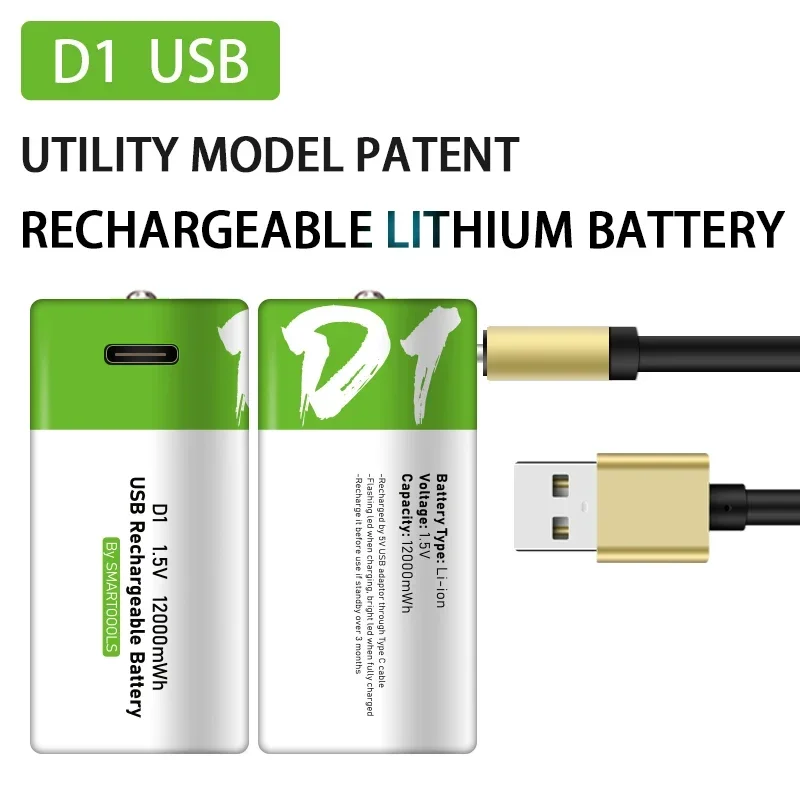 Batteria Ricaricabile D1 1.5 V12000Mwh Batteria Usb Interfaccia Di Tipo C Bateria De Litio Pilas Ricargables Bateria Recarregavel