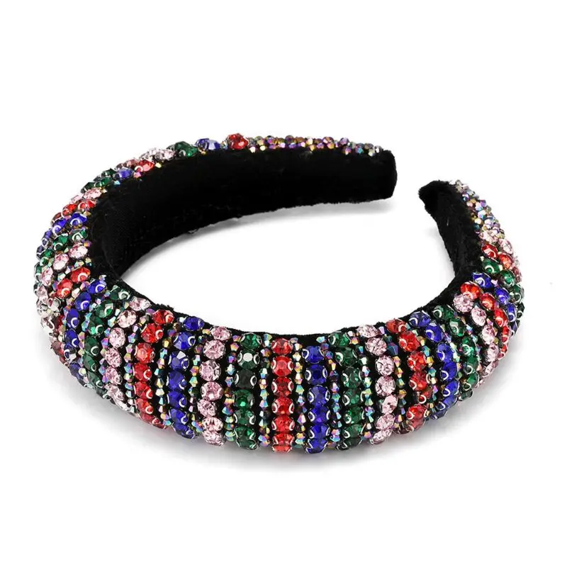 Baroque Luxury Full Jewelry Wide Hair Hoop Women Colorful for Rhinestone Beaded Stripes Headband Delicate Thick Padded Bandana