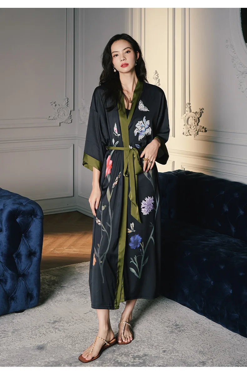 Fashion (Royal Blue)Black Print Flower Long Robe Nightgown Spring