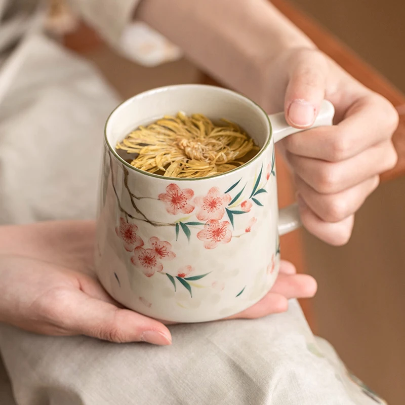 Chinese Style Flower Pattern Mugs, Home Personal Office Cute Teacup, With Cover, Creative Separated Tea Cups for Tea, 350ml, 1Pc