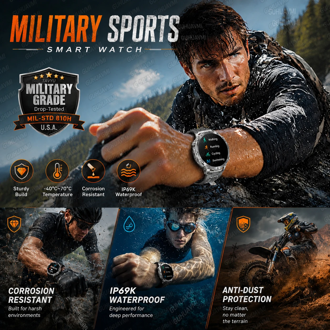 2026 New Military 1400mAh Battery Smart Watch Men Outdoor Flashlight 10ATM Waterproof Heart Rate Bluetooth Call Sports Bracelets 3