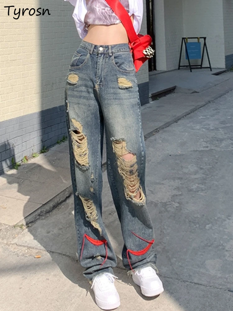 

Jeans Women Summer Hole All-match High Waist Vintage Leisure Do Old Daily Streetwear American Style Simple Fashion Straight Cozy