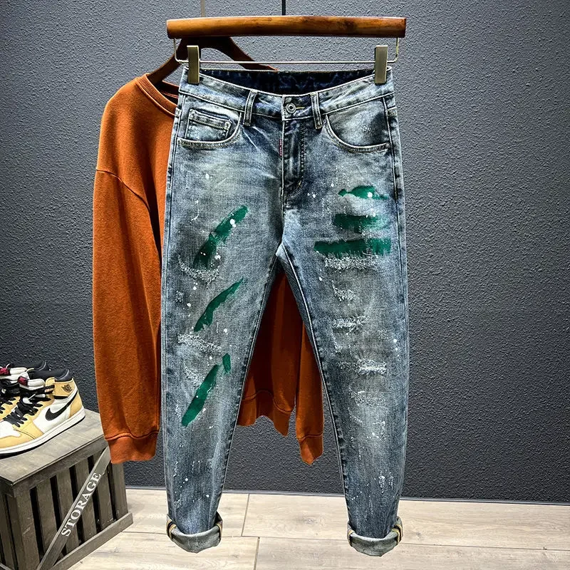 Men's Jeans Slim Fit Autumn Ripped Punk Denim Pants Shorts men jeans ripped jeans ripped patchwork jeans