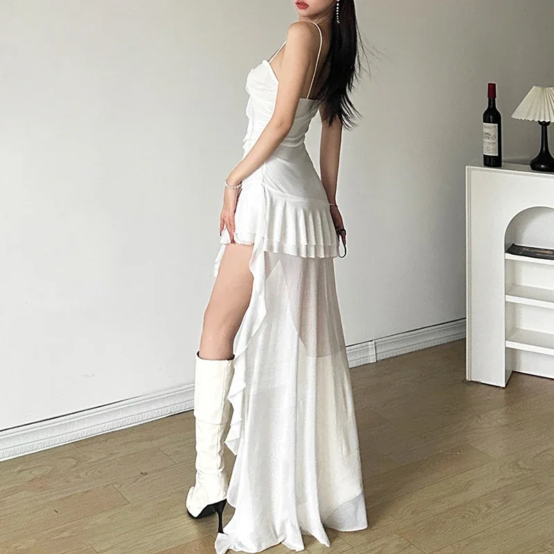 Y2K Irregular White Midi Dress Women Gothic Sexy Spaghetti Straps Ruffles Black Dresses Summer Korean Fairy Holiday Vestidos New 3