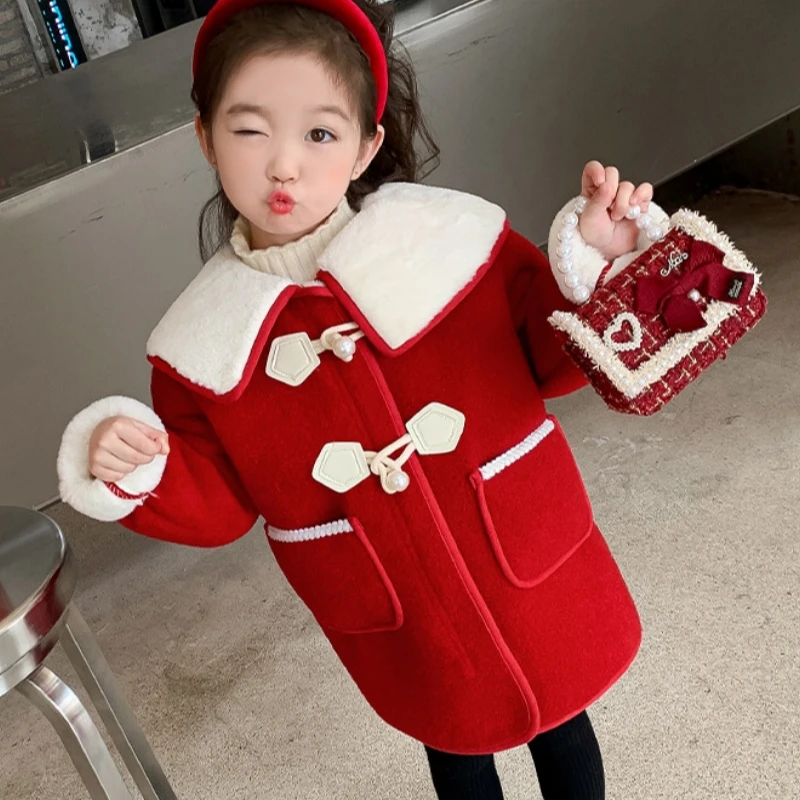 

Girls Woolen Coat Overcoat Jacket Windbreak 2023 Fleece Warm Plus Thicken Winter Cotton Teenagers Outwear Children's Clothing