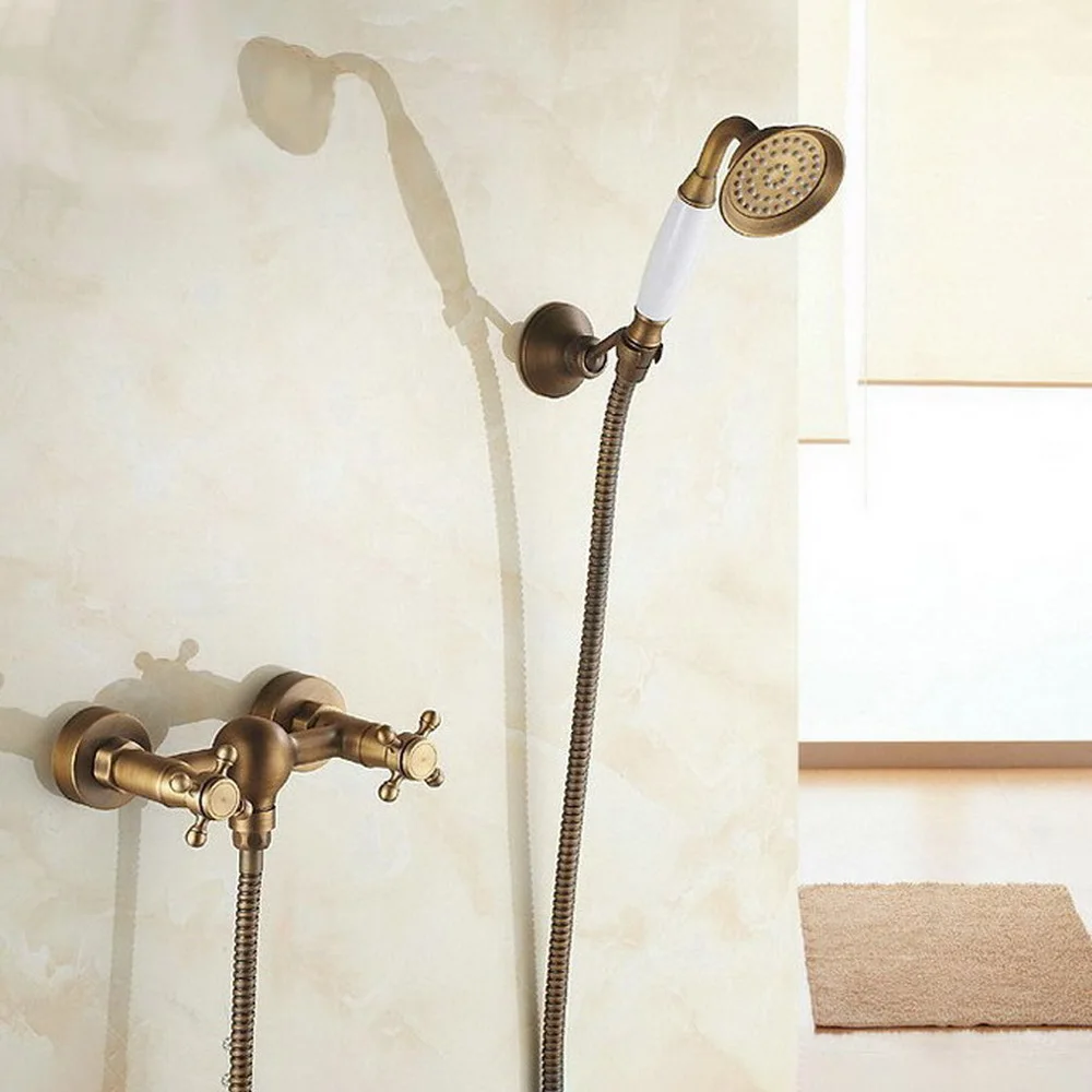 

Vintage Antique Brass Single Handle Wall Mount Bathtub Faucet with Handheld Shower Set +1500MM Hose Mixer Tap 2tf300