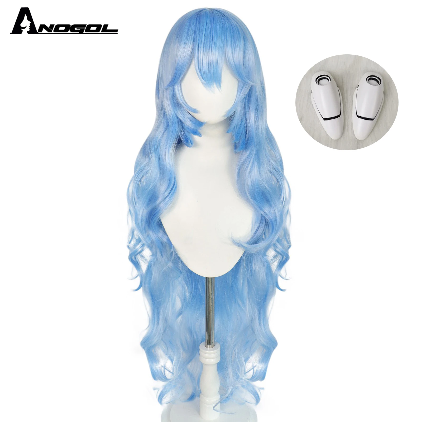 ANOGOL Synthetic EVA Ayanami Rei Cosplay Wigs Long Sky Bkue Wavy Wig with White Props Headwear Haripins For Role Play Halloween