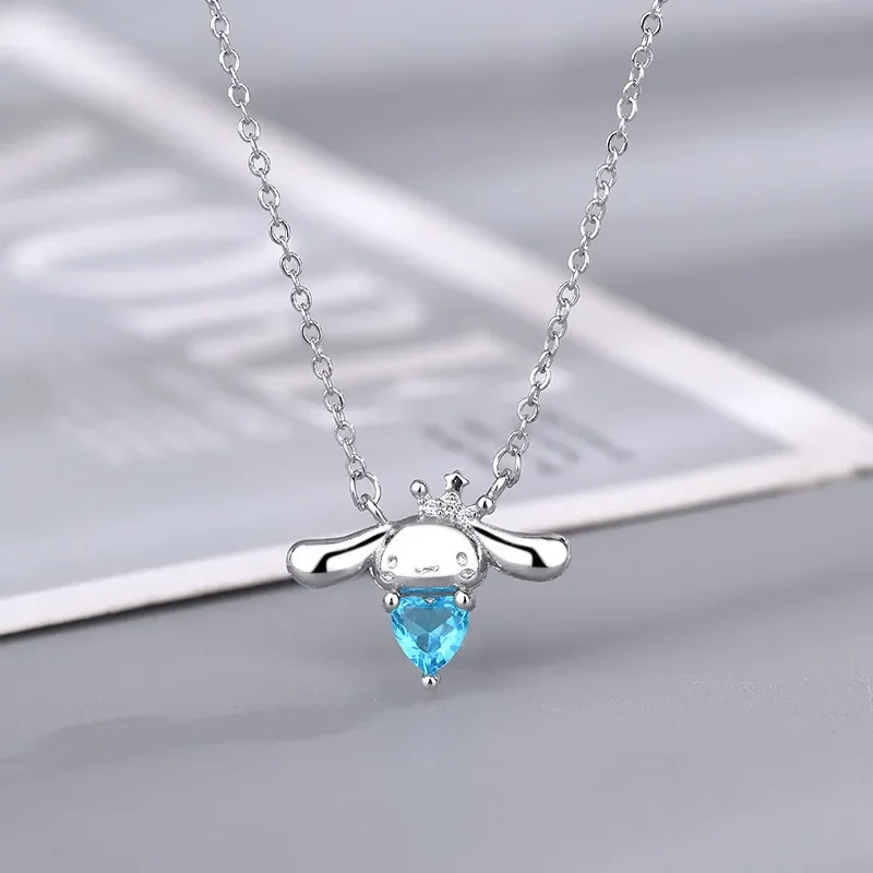 Anime Cinnamonrolls Sea Blue Heart Diamond Pendant Cute Cartoon Necklace Light Luxury High Grade Jewelry Festival Gift