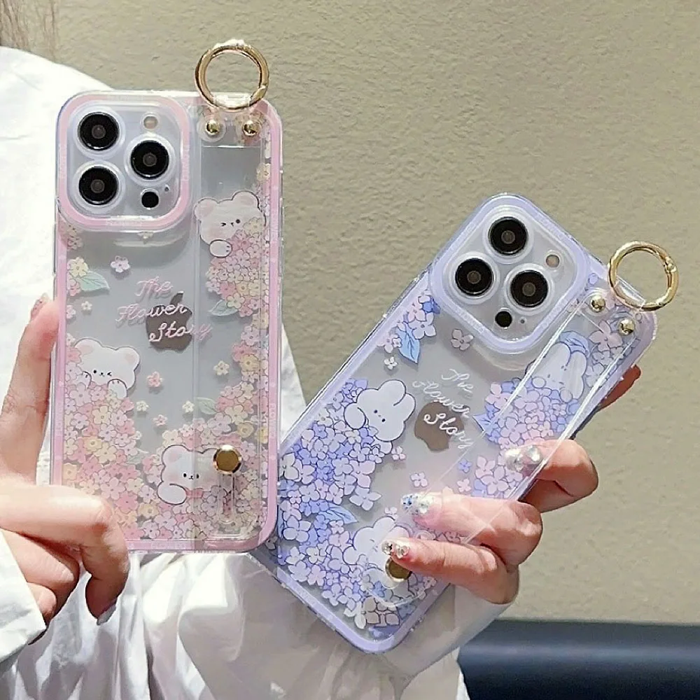 Elegant SoCouple Wrist Strap Case with Rabbit Flower Design - Phone Holder Cover