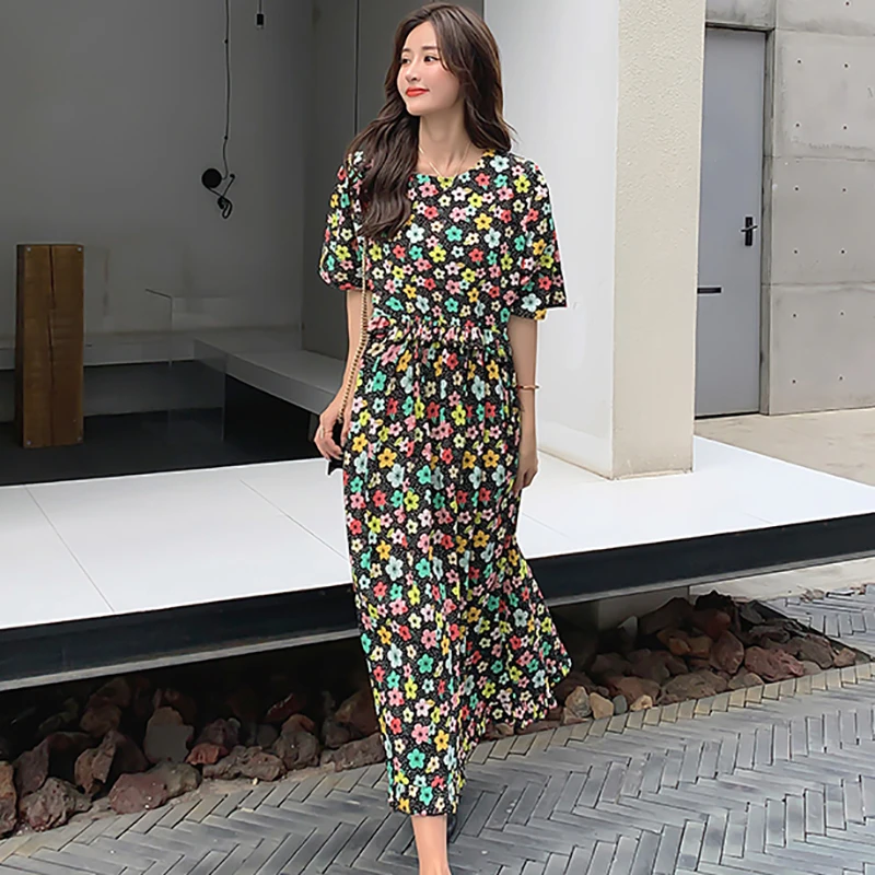 

Women Black Floral Chiffon Short Sleeve Midi Dress Summer Bule Elegant Bodycon Casual Dresses 2024 Korean Vintage Evening Dress