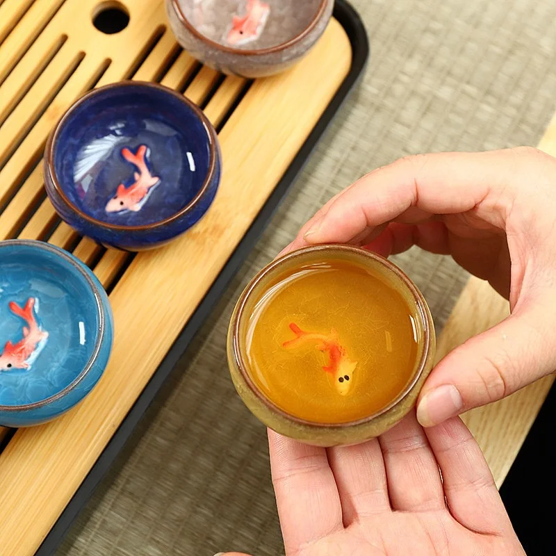 Ice Crackle Fish Teacup Ceramic Kung Fu Tea Set Master Single Cup Tea Sipping Ware Vintage Kiln Change Teaware Accessories Gifts