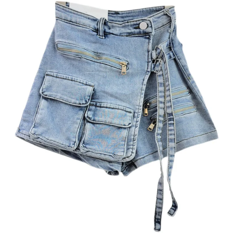 

2024 Korean Fashion Irregular Multi Pocket A-line Shorts Skirts Women's Loose High Waist Denim Skirt