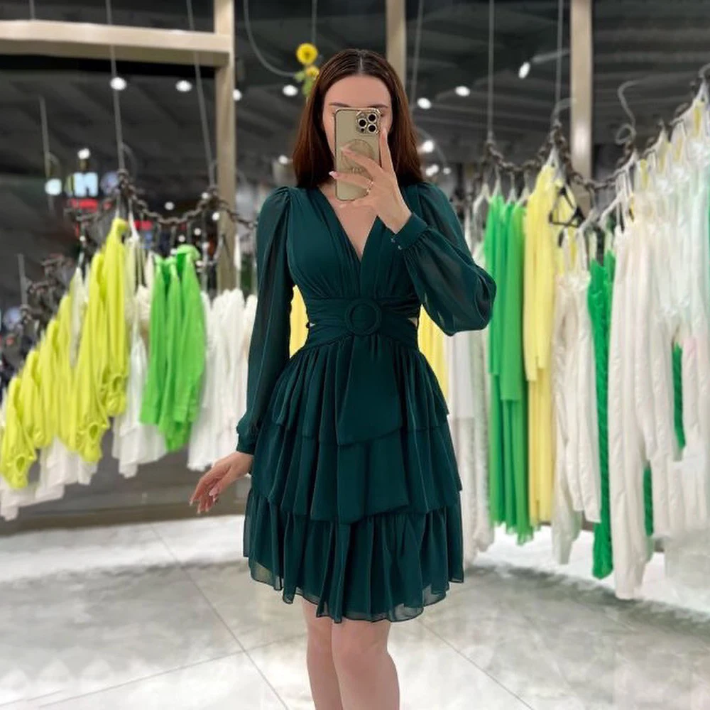 

GIOIO V-Neck Luxury Formal Evening Dresses Tiered Pleat Long Sleeves فساتين سهرة Knee Length Elegant Prom Gowns Party Women