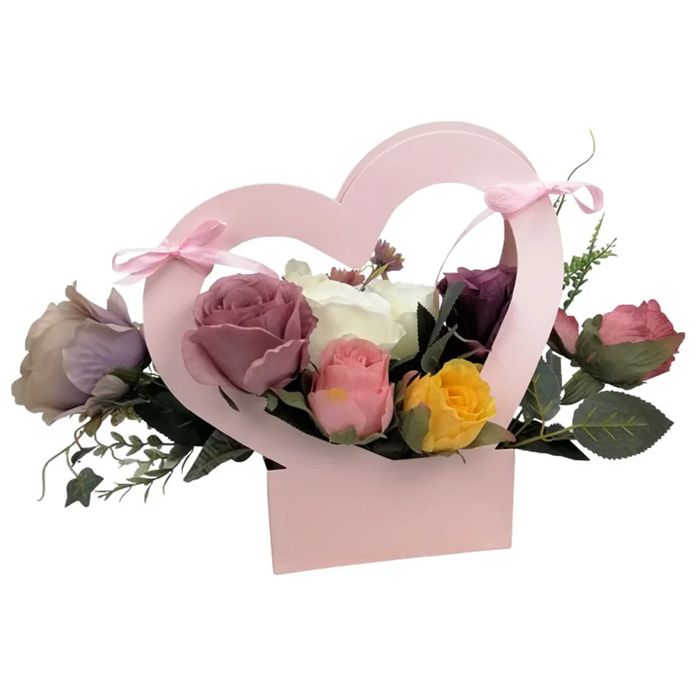 Flowers Arrangement Kraft Paper Bag Folding Portable Flower Packaging Box Waterproof Flower Basket Heart Handle Gift Tote Bags flower bags