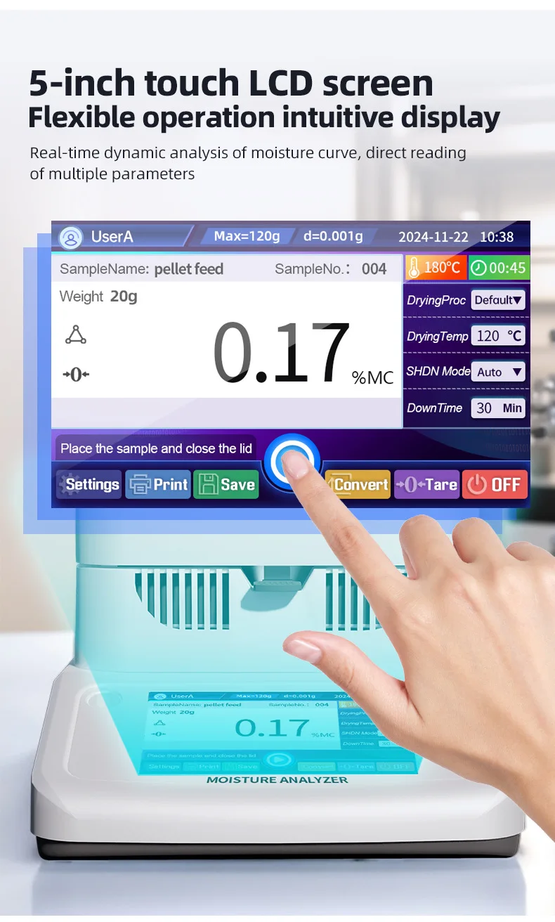 120g Halogen Moisture Meter Analyzer 5-inch Touch Screen Plastic Particle Heatin