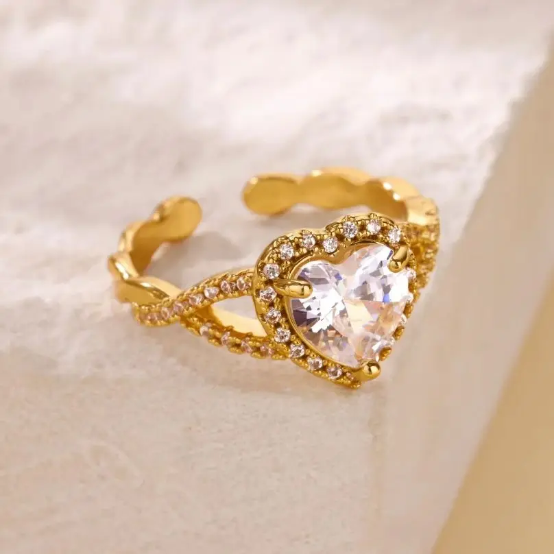 Zircon Heart Wedding Rings Stainless Steel Gold