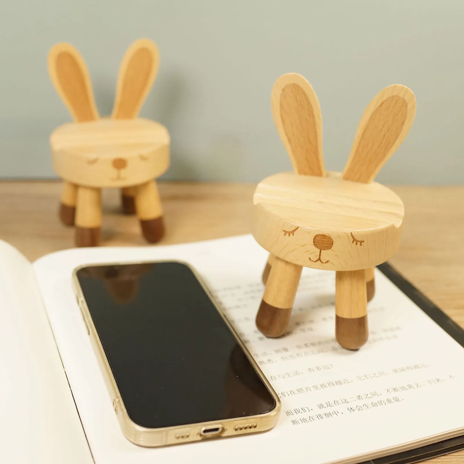 Wooden Bunny Chair Phone Holder Cute Tablet Phone Stand Desktop Ornament