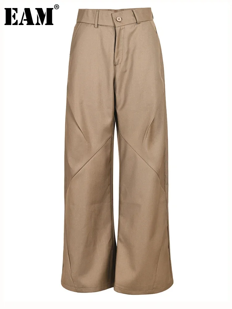 

[EAM] High Waist Khaki Pleated Long Casual Wide Leg Pants New Loose Fit Trousers Women Fashion Tide Spring Autumn 2024 CPG0530
