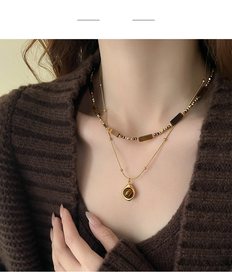 Retro Layered Tiger Eye Stone Pendant Necklace for Women-Giltoria