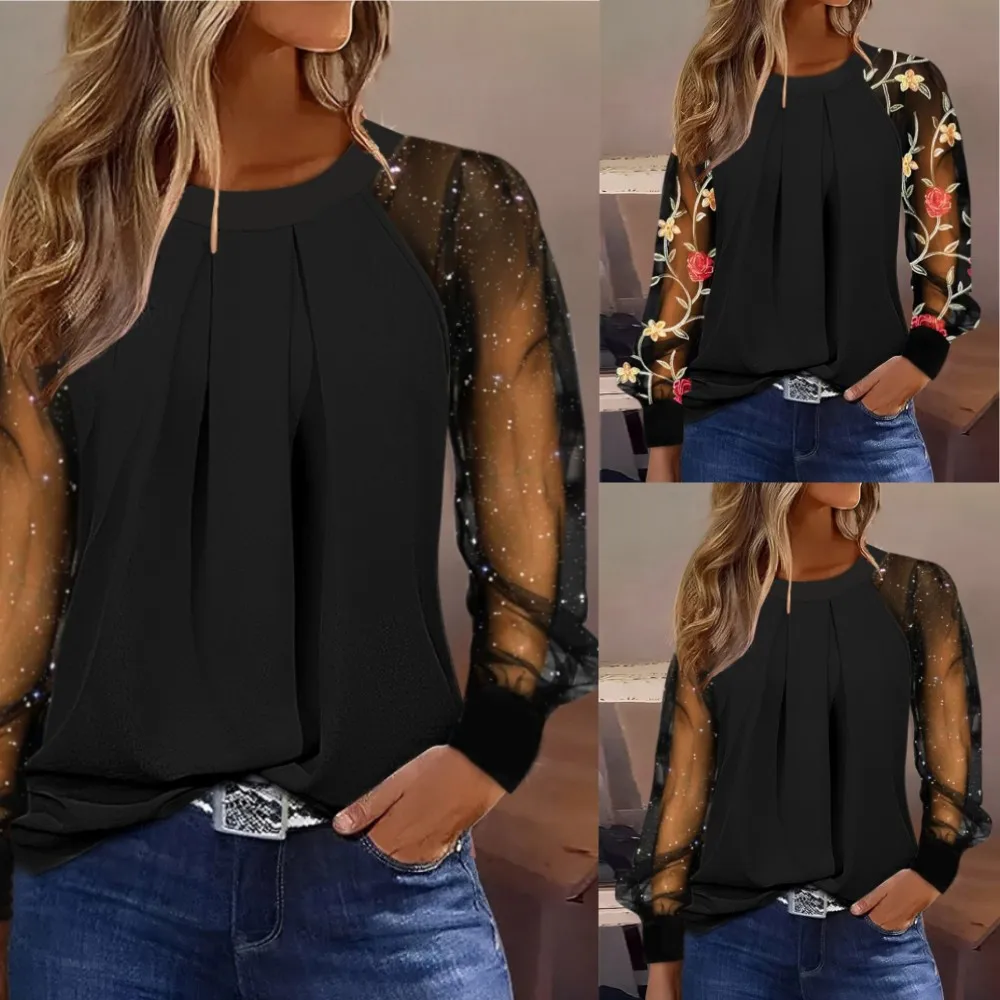 

2024 Spring/Summer Long Sleeved Fashion Round Neck Lace Spliced Shirt Shirt Women's Folded Black Office Style