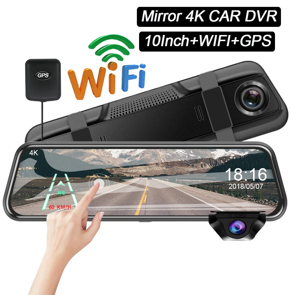 차량용 4K 와이파이 대시 캠, DVR 비디오 녹음기 등록 지지대, 10 인치 터치 미러, 1080P 후방 카메라, 블랙 박스 