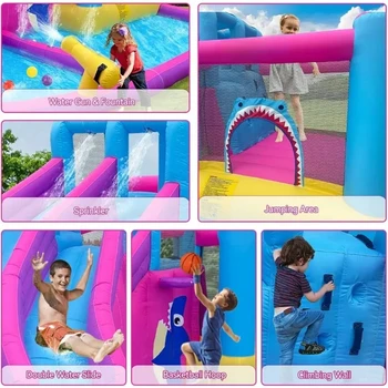 Inflatable Bounce House Water Slide Park, Double Slide Bouncer Castle Climbing Wall, Air Blower for Indoor Outdoor Play Backyard 5
