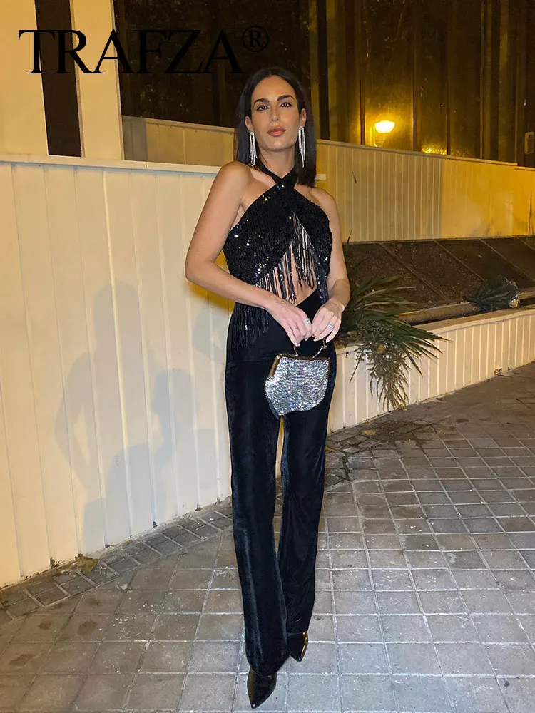 

TRAFZA Women Fashion Backless Party Jumpsuit Elegant Woman Black Sequin Tassels Long Jumpsuit Sexy Velvet Halter Neck Jumpsuit