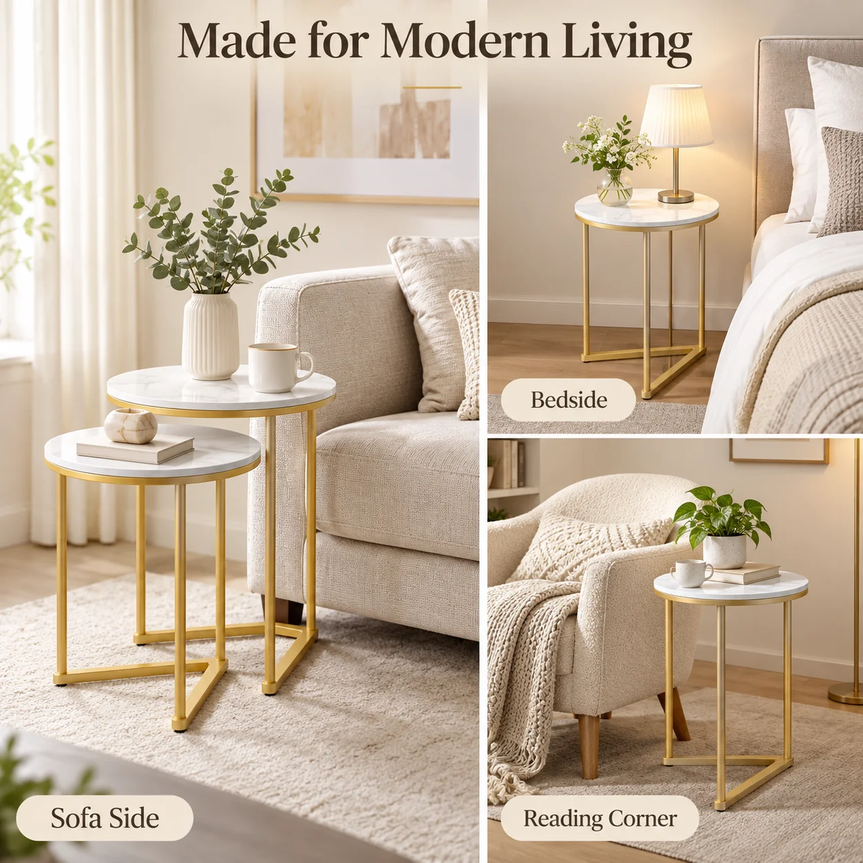 Set of 2 Round Nesting Side Tables 45cm Sintered Stone Tops Gold Metal Frame for Living Room Sofa Side