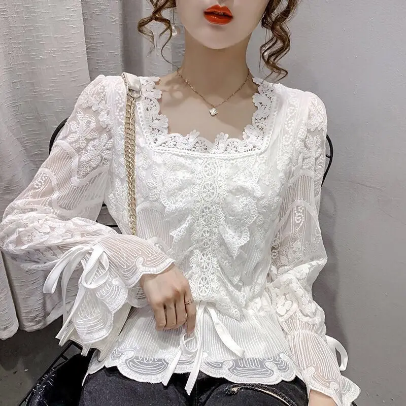 

Elegant Fashion Square Collar Thin Blended Shirts Lace Solid Lantern Sleeve Spring Autumn Pullovers Women's Clothing Popularity