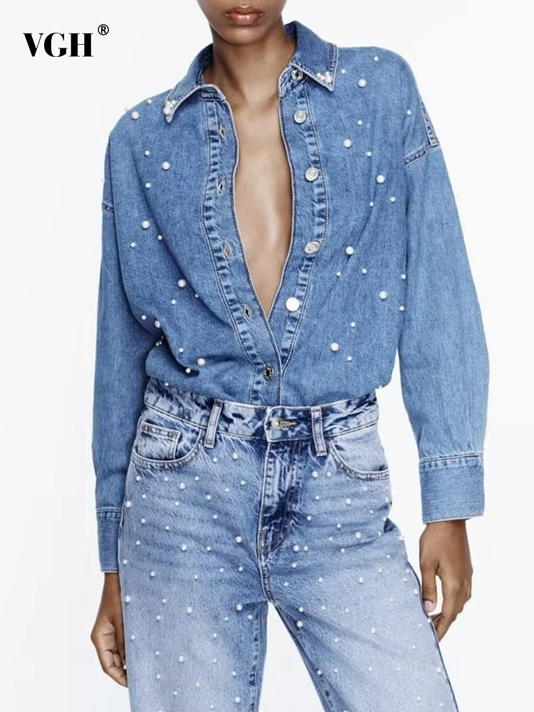 

VGH Patchwork Pearls Solid Casual Denim Blouses For Women Lapel Long Sleeve Spliced Single Breasted Loose Shirts Female Style