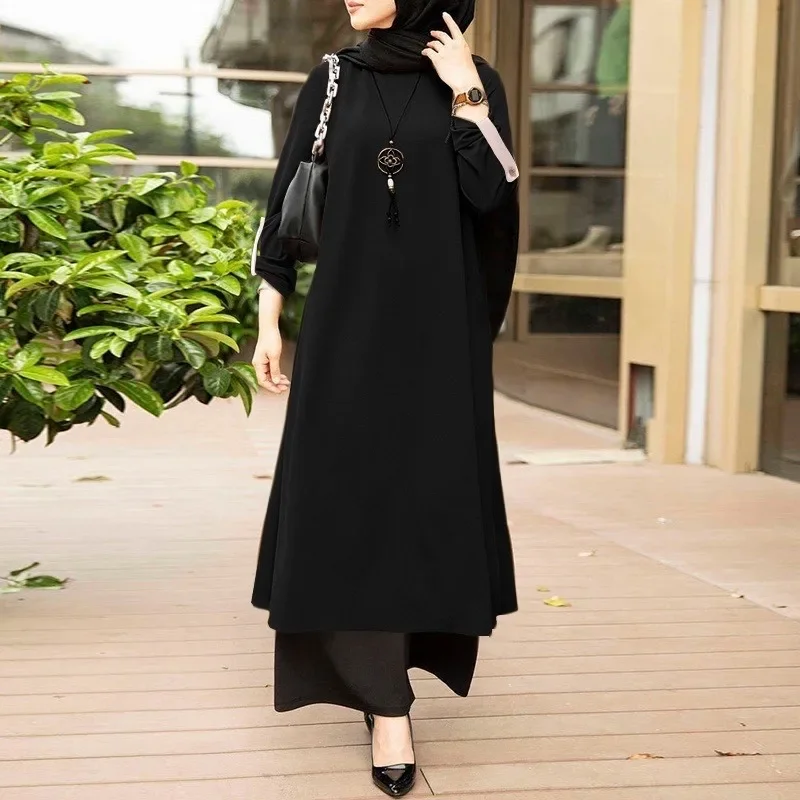 Women's Muslim Style Arabic Style Temperament Pure Color Simple Style round Neck Long Sleeve Side Split Dress  Prom Dress Abaya