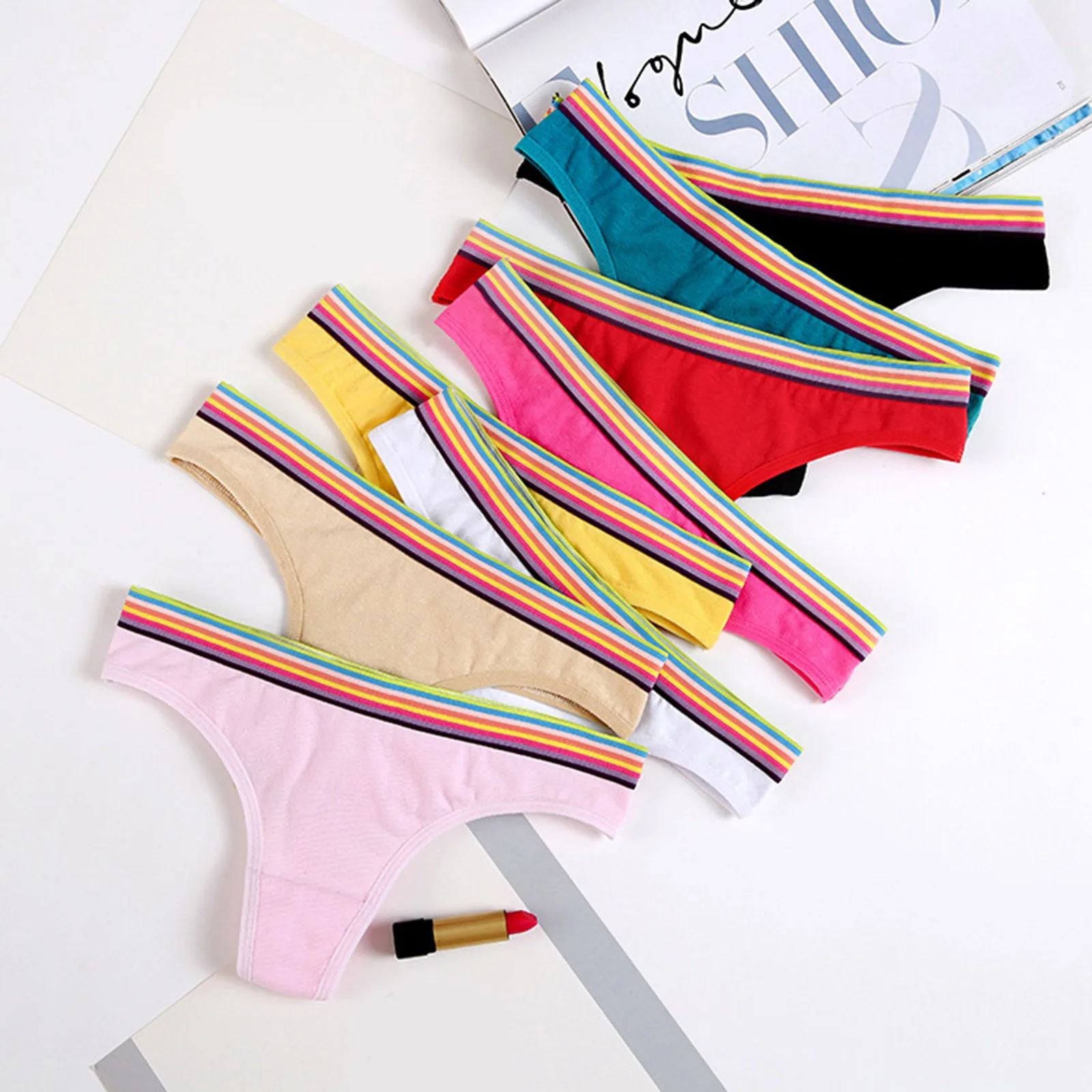 

Rainbow Stripe Sexy Lingeries Briefs Soft Low Waist G-strings Thongs Seamless Pure Cotton Breathable Underwear Intimates Panties