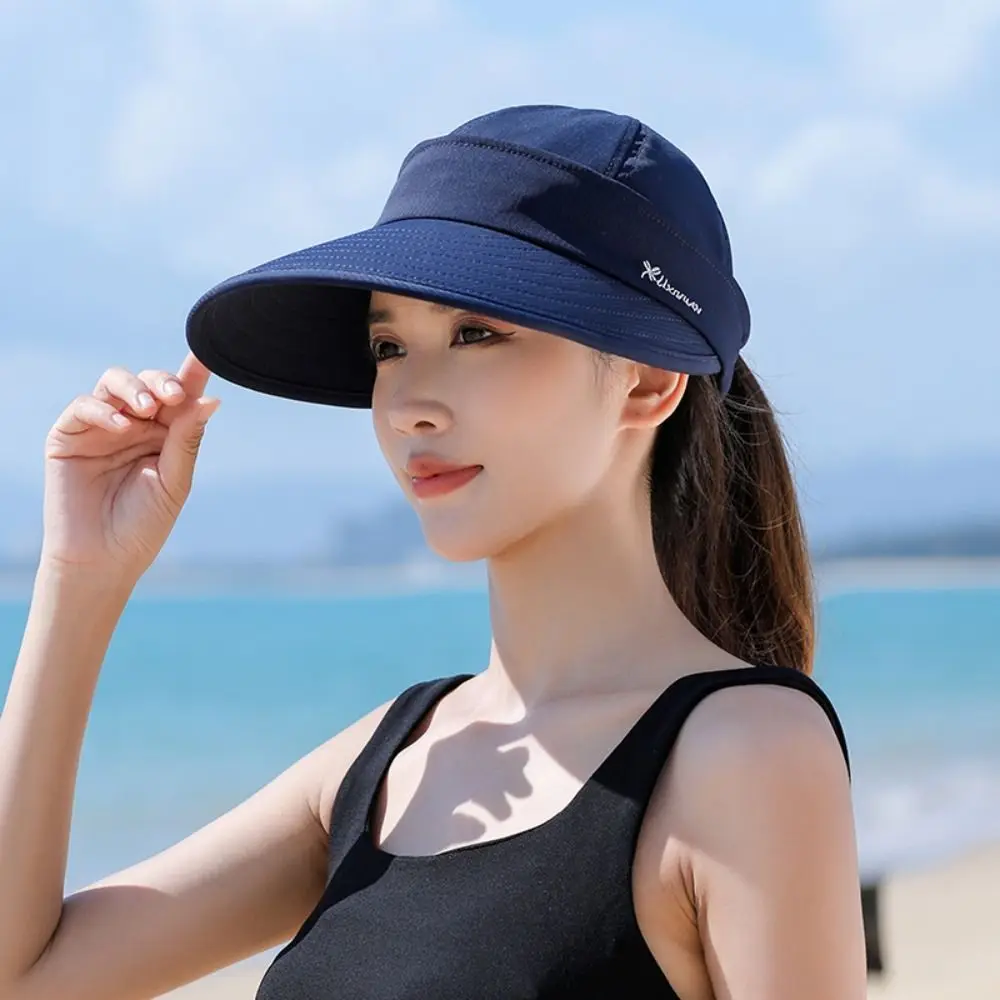 Women Summer Sun Hat Casual Foldable Wide Brim Detachable Empty Top Ponytail Cap Adjustable UV Protection Sun Hat 4