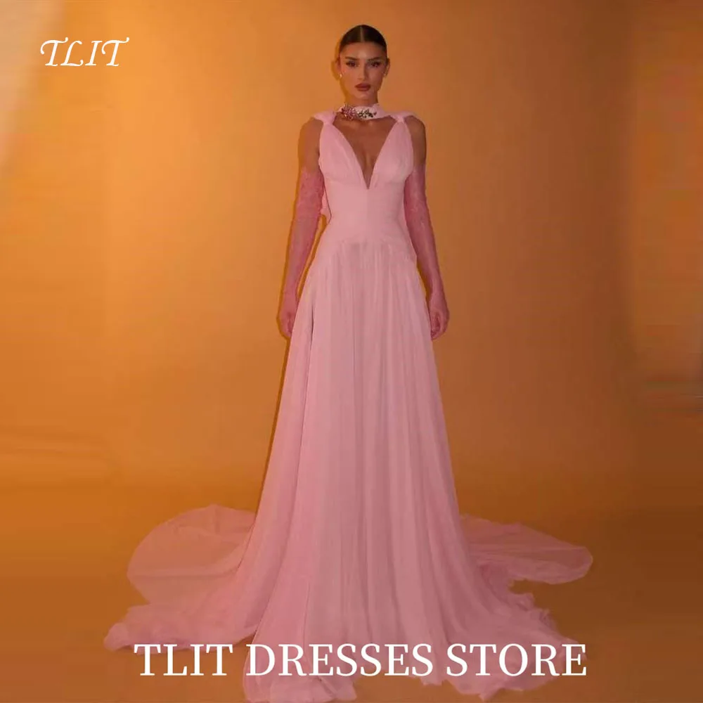 TLIT Simple Baby Pink A-Line Long Evening Dress Saudi Arabic Women V-Neck Formal Party Gown Silk Chiffon Customized Dress 2