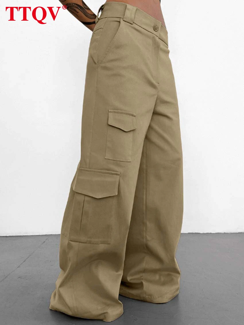 

TTQV Fashion New Khaki Pocket Women Pants Casual Loose Low Waist Sweatpants Elegant Straight Female Full Length Pants Streetwear