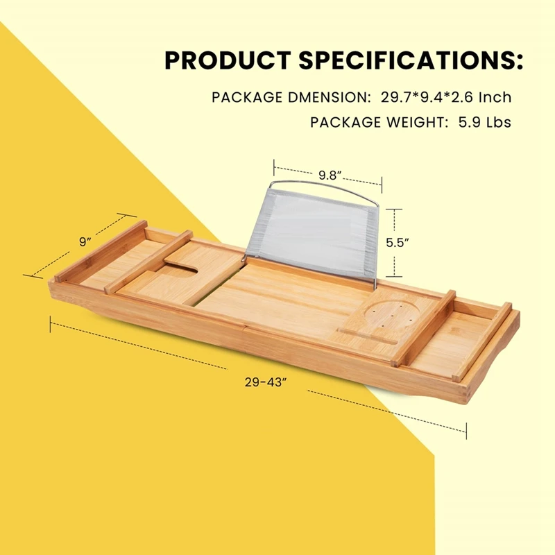 1 PCS Bamboo Expandable Bathroom Organizer Bathtub Storage Board With Cellphone Tablet And Wine Book Holder A