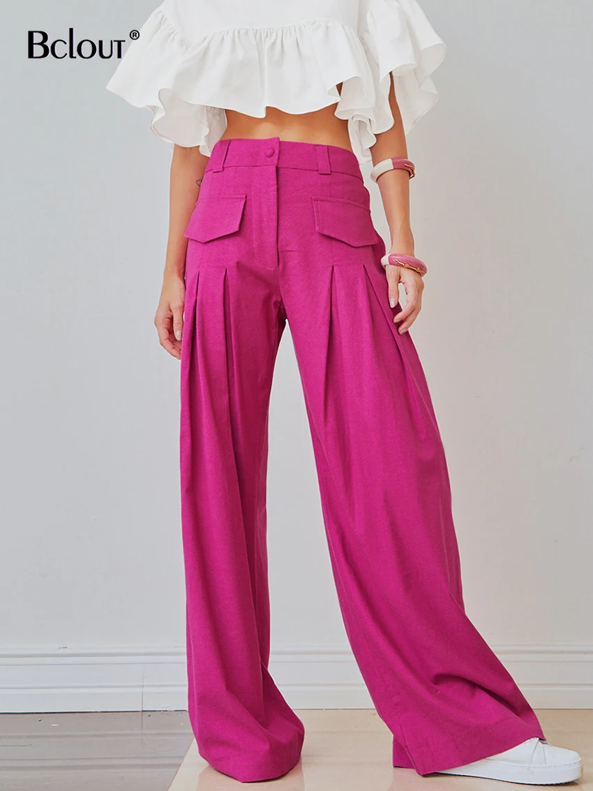 Bclout Linen Pink Pants Women Casual High Waist Wide Leg Pants Summer