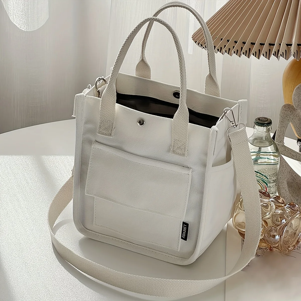 1pc Mini Canvas Tote Bag Multi Pocket Crossbody