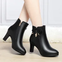 High-heeled Plush Velvet Boots Autumn Winter New Women's Cotton Shoes Zip Black Waterproof Thick Heel Single Bow Tie Short Shoes - Image 4