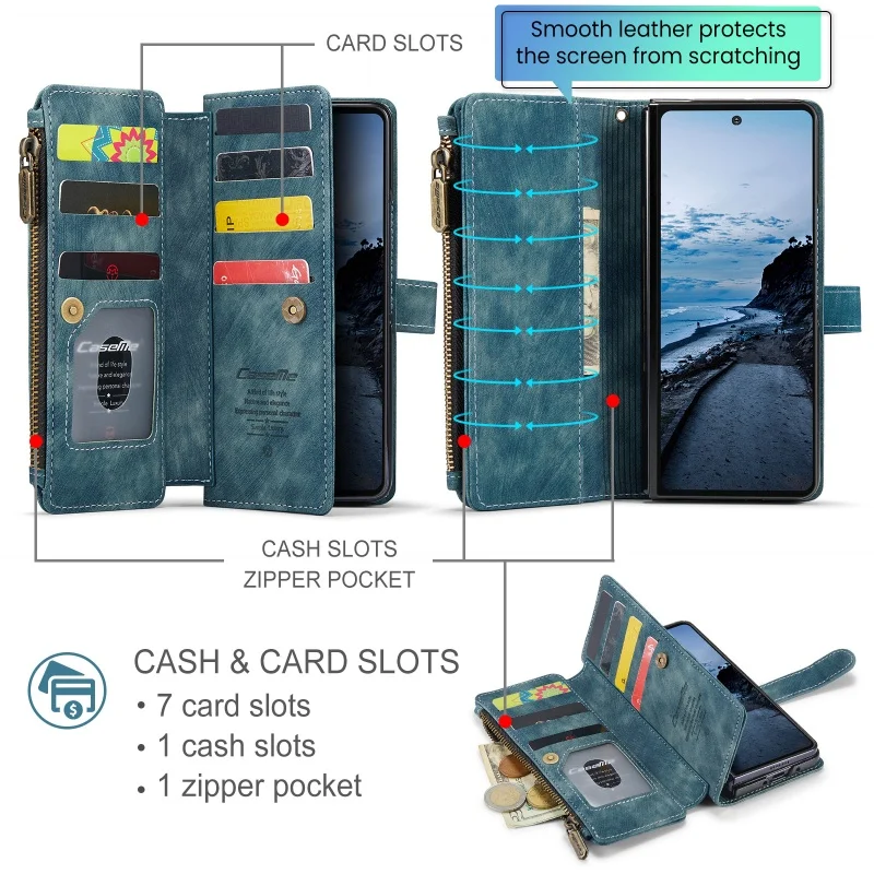 Zipper Leather Wallet Phone Case with Wrist Strap and Card Slots