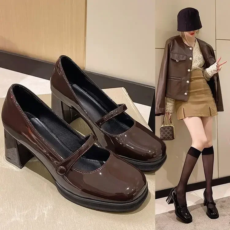 Comemore Summer New Patent Leather Brown Shoes Vintage Thick High Heels Shoes Women Woman Square Toe Chunky Heels 2025 black