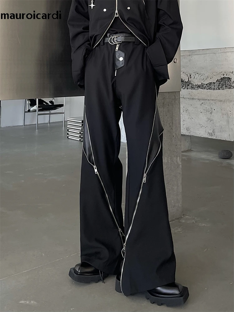 Men Trousers Leather Pants Mauroicardi Spring Autumn Pu Leather Patchwork Long Loose Many Zippers Luxury Designer