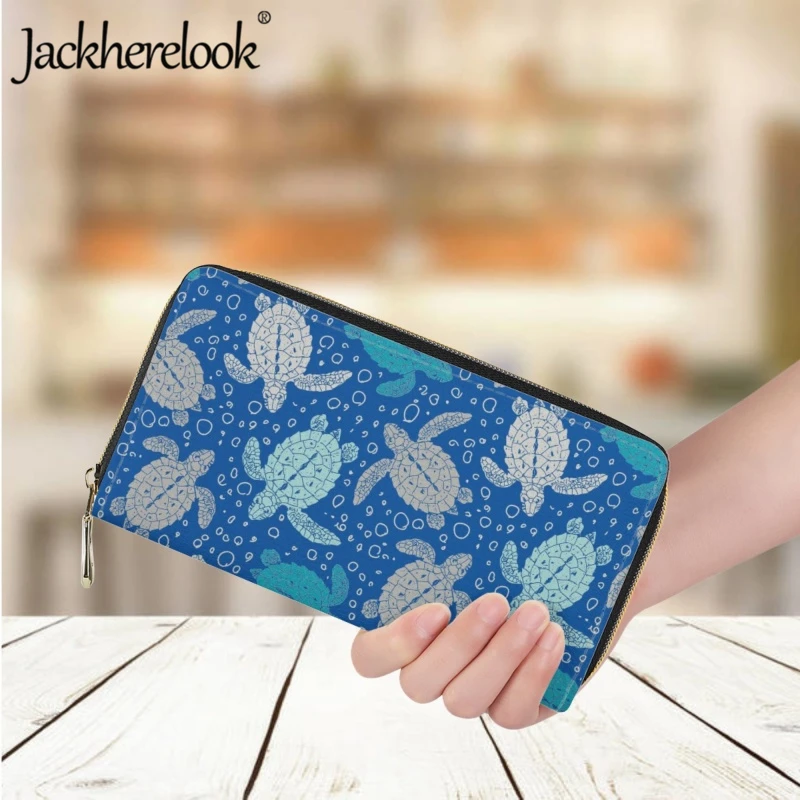 Jackherelook Bohemian Wallet Fashion Women's Long Leather Purse Card Holder Sea Turtle Printed Clutch Ladies Practical Money Bag