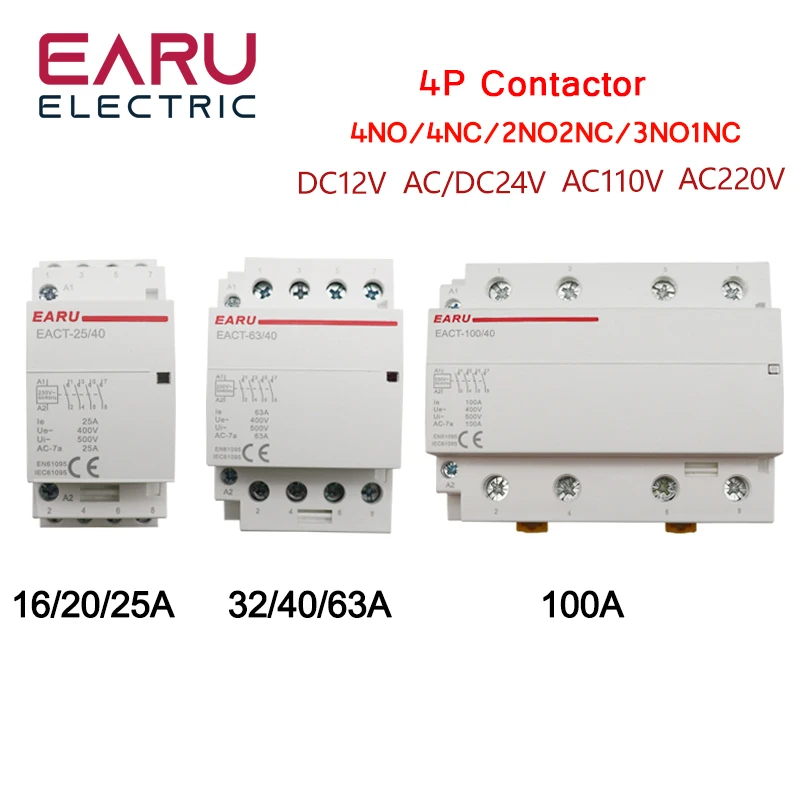 Earu 4P 16-100A AC/DC 24V 220V 50/60Hz DIN Rail Modular Contactor Switch Controller for Smart Home Hotel DIY